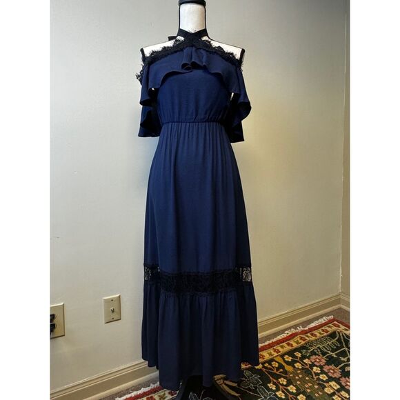 ALICE+OLIVIA Mitsy Off-The-Shoulder Maxi Dress, Navy/Black, Sz 2 - Picture 3 of 15